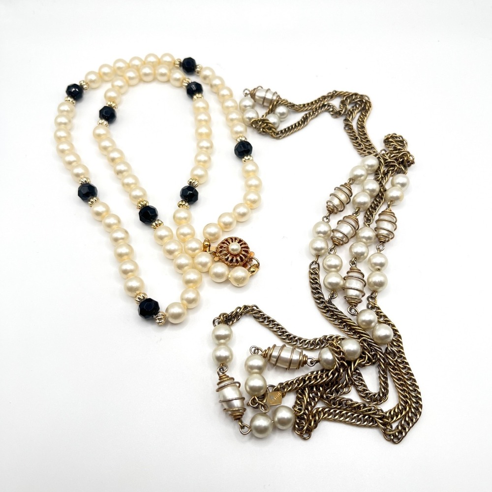 Lot of 2 Vintage Gold Tone Caged Faux Pearl Sarah Coventry Long Chain Necklaces